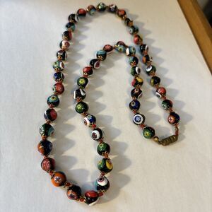 Italian Vintage Millifiore Beaded Necklace  Hand Knotted Single Strand Gorgeous